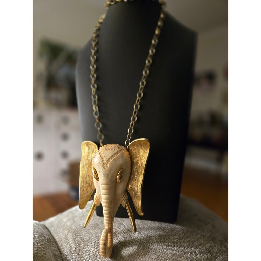 Luca Razza Large Elephant Head Necklace 1970 Vintage Statement Goldtone Unsigned